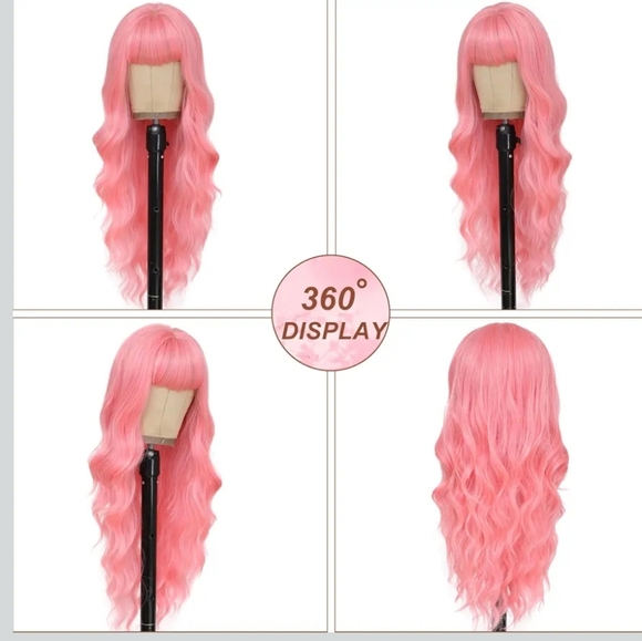 26 Inch Natural Looking Heat Resistant Synthetic Light Pink Wavy Wig with Bangs - Picture 3 of 7